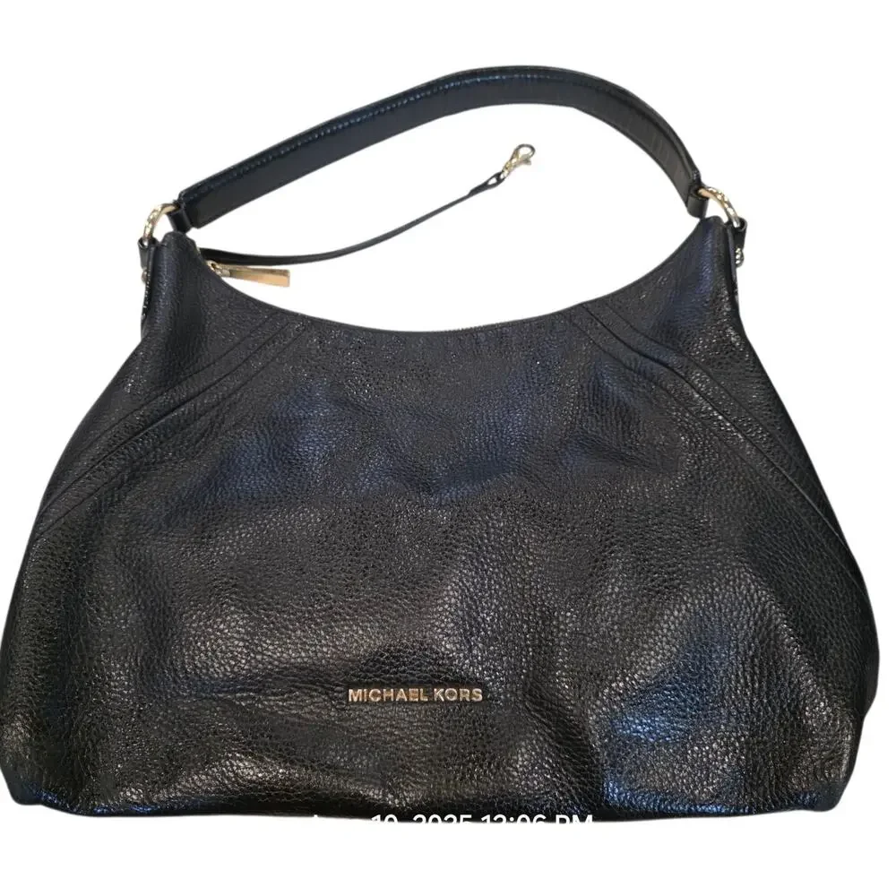 Michael Kors Black Leather Purse Shoulder Bag Pebble Texture Hobo 13